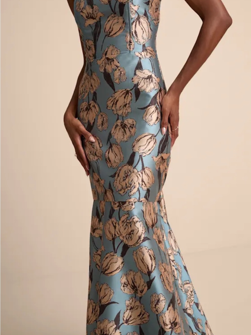 Lulu's Strapless Floral Jacquard Gown in Light Blue and Cream - Picture 3 of 5